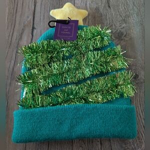 DAVID AND YOUNG Light Up Hat Green and Yellow Christmas Beanie with Tinsel NWT